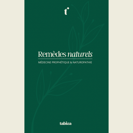 Couverture du livre de médecine prophétique tabiea : remèdes naturel. Elle est verte avec une branche d'olivier en filigrane